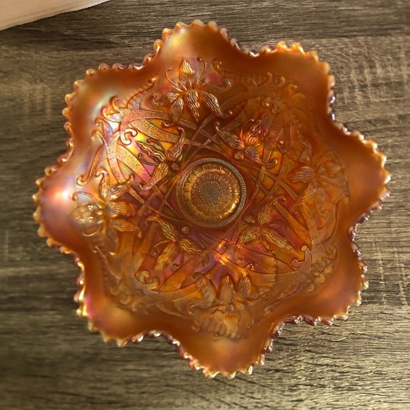 Antique Northwood Iridescent Marigold Wishbone Footed Glass Bowl - Picture 3 of 14